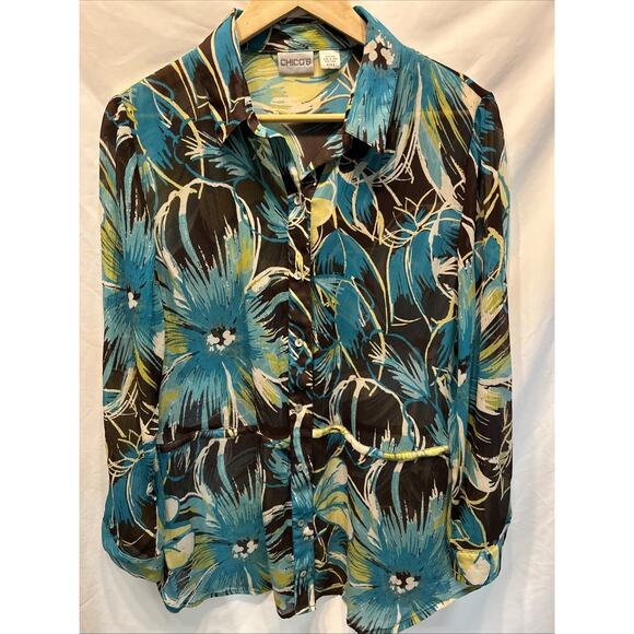 Chicos Womens Large Sheer Silk Floral Blouse Tunic Drawstring Waist Fairy Boho - Picture 1 of 11